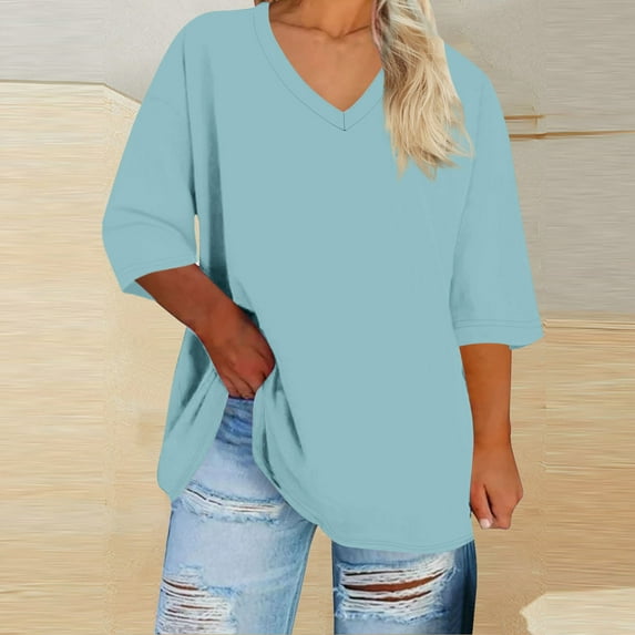 Shirts for Women 3/4 Sleeve V-neck Oversized Solid Summer Base Sports T-shirt Mint Green XXXL