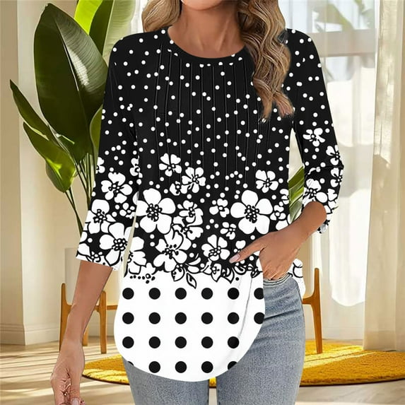 Shirts for Women 3/4 Sleeved Round Neck Printed Casual Top T-shirt Black XXXL