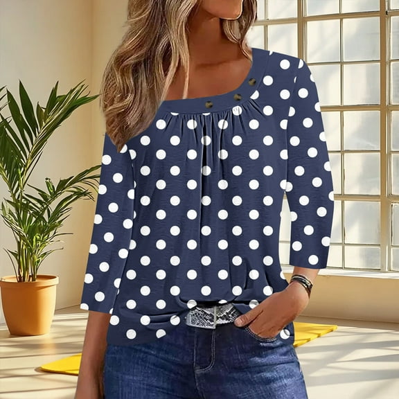Shirts for Women 3/4 Sleeved Slanted Collar Square Collar Buttons Blouse Printed Casual T-shirt Navy XXXL