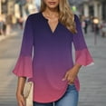 thumbnail image 1 of Shirts for Women 3/4 Sleeves V-Neck Gradient Flare Sleeve Summer Solid T-shirt Pullover Blouse Purple L, 1 of 6