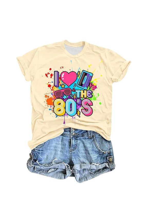 Shirts for Women 80's Print Short Sleeve Summer Vacation Tees Casual Crew Neck 2026 Fashion Tops