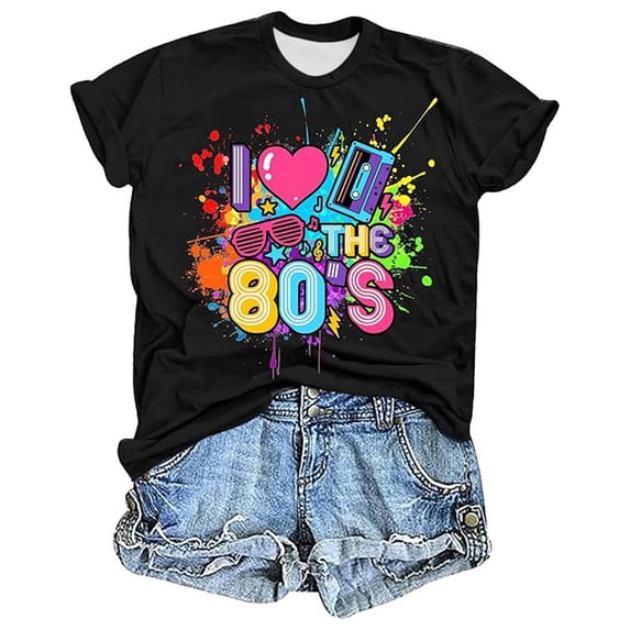 Shirts for Women 80's Print Short Sleeve Summer Vacation Tees Casual Crew Neck 2026 Fashion Tops