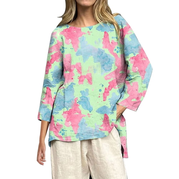Shirts for Women Baseball Art Print Casual 3/4 Sleeve T Shirts Round Neck Cotton Shirt