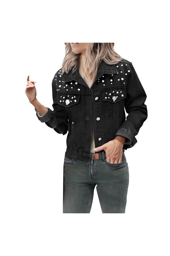 Shirts for Women Beaded Heavy Industry Denim Jacket Short Jacket Top Womens Fashion Clothing