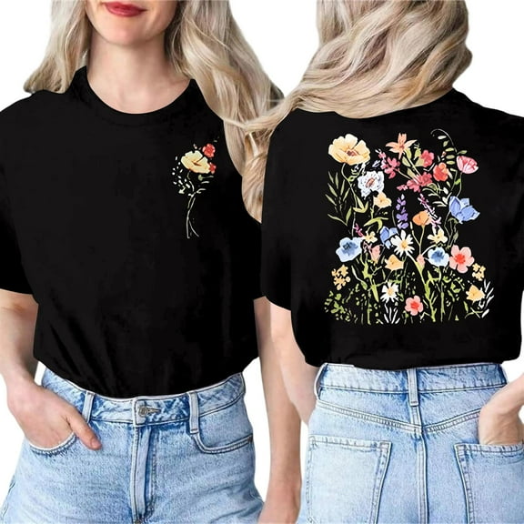 Shirts for Women Boho Wildflowers Graphic Short Sleeve Round Neck Tee Tops Summer Beach Vacation Casual Loose Blouses Z002-Black L