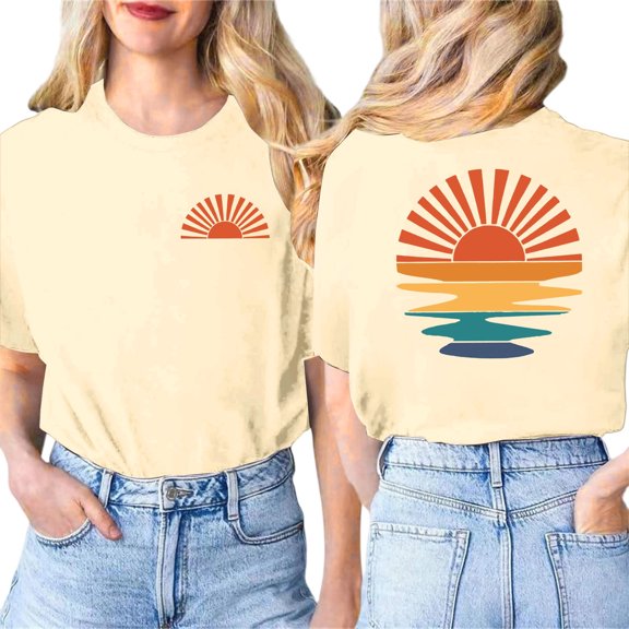 Shirts for Women Boho Wildflowers Graphic Short Sleeve Round Neck Tee Tops Summer Beach Vacation Casual Loose Blouses Z006-Beige S