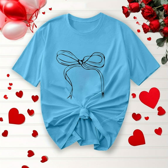 Shirts for Women Bow Ribbon Short-Sleeved Printed Round Neck Casual T-Shirt Blue M