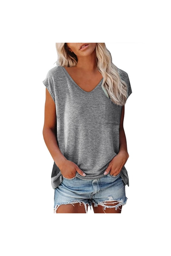 Shirts for Women Cap Sleeve Summer Casual Blouse V Neck Solid Color Loose Fit Shirt Soft Imitation Cotton Basic Top L Size Spring Summer Womens Tops