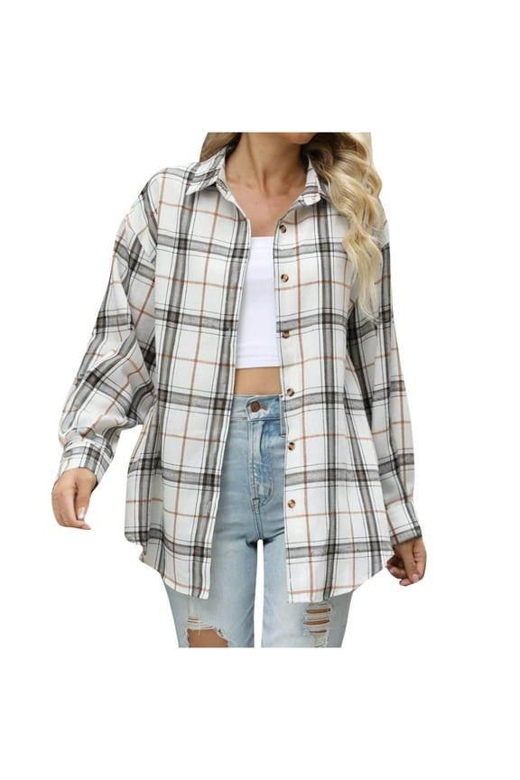 Shirts for Women Casual Cotton Button Down Plaid Flannel Shirts Long Sleeve Checkered Blouse Tops White 2XL