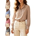 thumbnail image 1 of Shirts for Women Casual Plaid Ruffle Collar Long Sleeve Button Front Regular Fit Work Wear Shirt, 1 of 7