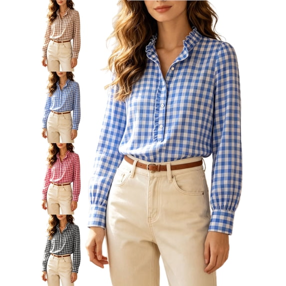 Shirts for Women Casual Plaid Ruffle Collar Long Sleeve Button Front Regular Fit Work Wear Shirt