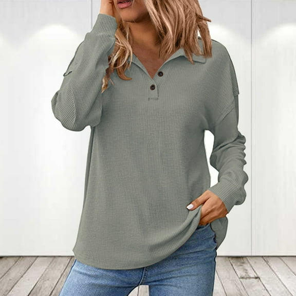 Shirts for Women Casual Waffle Knit V Neck Collared Long Sleeve Shirt Button Tunics Tops Gray L