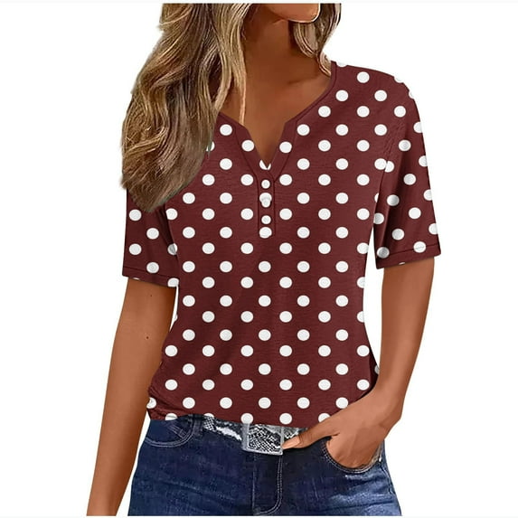 Shirts for Women Casual Womens Fashion Top, Tops for Women 2025 Polka Dot Short Sleeve V Neck Casual Shirts Trendy Vintage Comfy Outfits