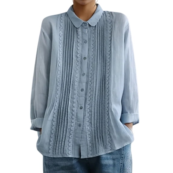Shirts for Women Cotton Lace Splicing Long Sleeved Lapel Blouse Women Spring And Autumn Korean Retro Pleated Loose Shirt XL