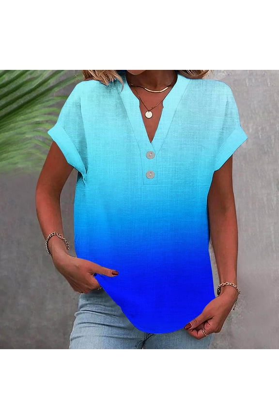 Shirts for Women Cotton Linen Gradient Print Casual Short Sleeve V-Neck T-Shirt Blue XXL
