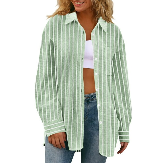 Shirts for Women Cotton Linen Striped Printed Button Down Long Sleeve Casual Office Work Shirts with Pocket Green L