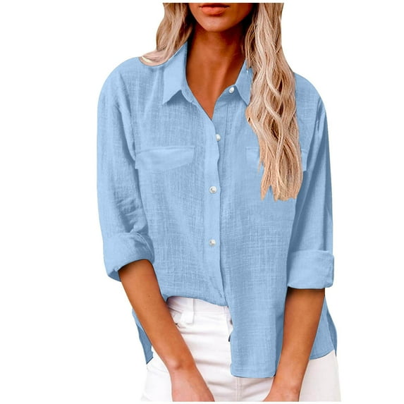 Shirts for Women Cotton Linen Turndown Collar Button Dwon Solid Color Workout Loose Blouse Tops with Pocket Light Blue L