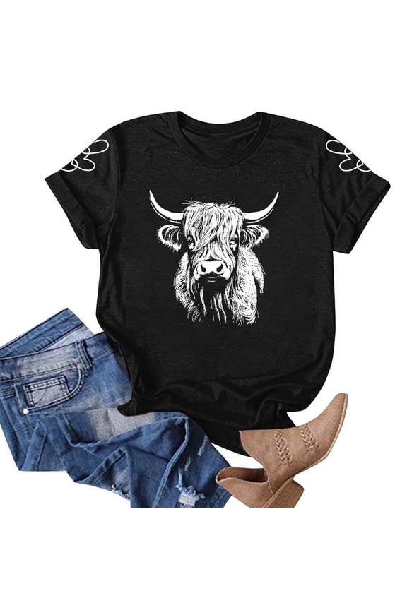Shirts for Women Cow Print Short Sleeve Crewneck Farm Animal Top Women Blouses Black L