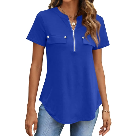 Shirts for Women Dressy Casual Blouse Shirts Short Sleeve Zip Front Workout Tops for Women Lightweight Summer Tops Royal Blue L