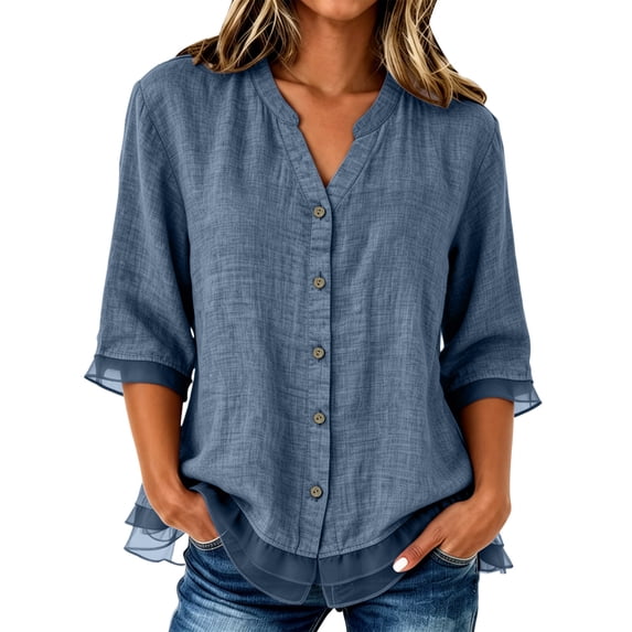 Shirts for Women Dressy Casual Mesh Hem 3/4 Length Sleeve Button Down Shirts Summer V Neck Trendy Solid Going Out Tops