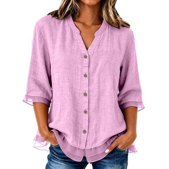 Shirts for Women Dressy Casual Mesh Hem 3/4 Length Sleeve Button Down Shirts Summer V Neck Trendy Solid Going Out Tops