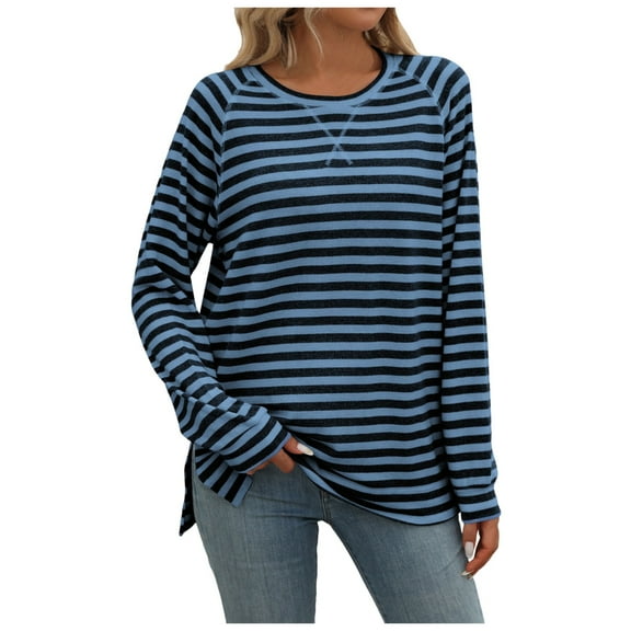 Shirts for Women Dressy Casual Striped Color Block Long Sleeve Round Neck Pullover Tee Tops Regular Fit Workout Blouses 2025 Trendy Clothes