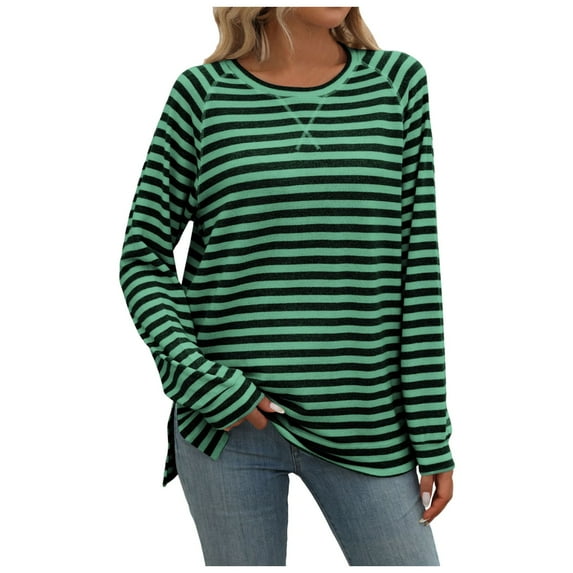 Shirts for Women Dressy Casual Striped Color Block Long Sleeve Round Neck Pullover Tee Tops Regular Fit Workout Blouses 2025 Trendy Clothes