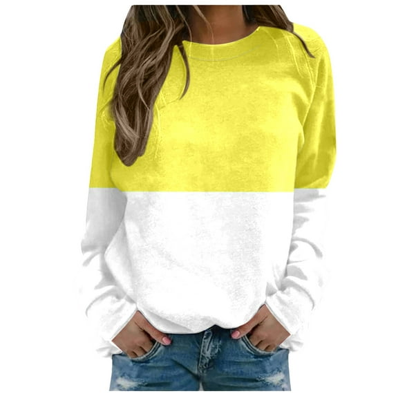 Shirts for Women Dressy Casual Winter Fall Oversized Crewneck Long Sleeve Batwing One Shoulder Colorblock Leisure Cotton Tops Sweatshirt(Yellow,XXL)