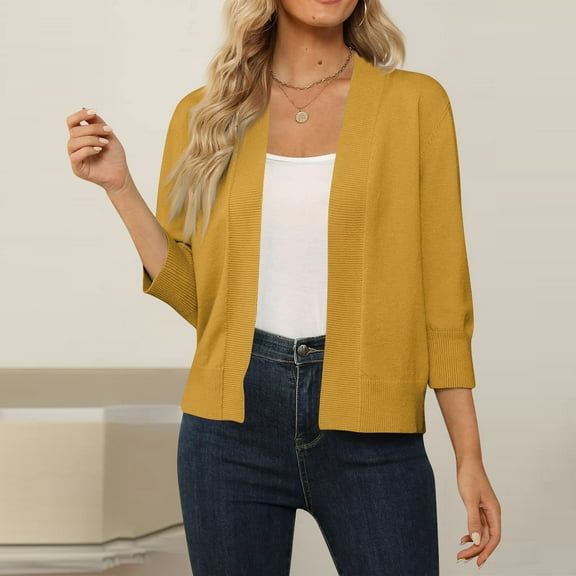Shirts for Women Dressy Casual Women's 3/4 Sleeve Cropped Cardigan Sweater Open Front Short Shrugs Cardigans Lightweight Sweaters