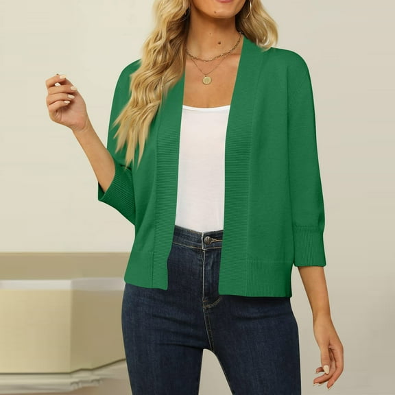 Shirts for Women Dressy Casual Women's 3/4 Sleeve Cropped Cardigan Sweater Open Front Short Shrugs Cardigans Lightweight Sweaters