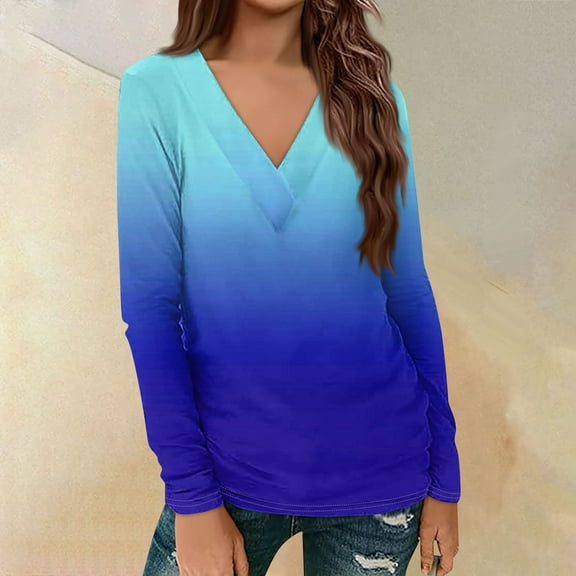 Shirts for Women Dressy Casual Women's Casual Printed Long Sleeve Loose V-Neck Pullover Top