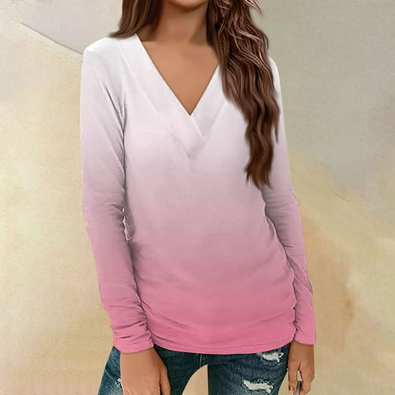 Shirts for Women Dressy Casual Women's Casual Printed Long Sleeve Loose V-Neck Pullover Top
