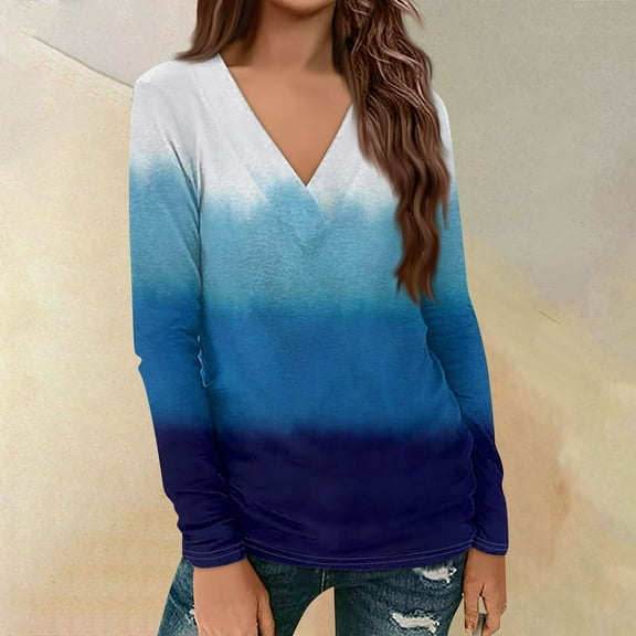 Shirts for Women Dressy Casual Women's Casual Printed Long Sleeve Loose V-Neck Pullover Top