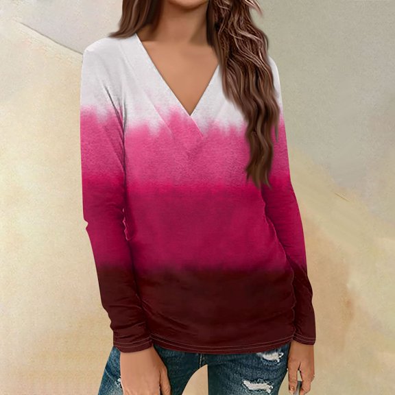 Shirts for Women Dressy Casual Women's Casual Printed Long Sleeve Loose V-Neck Pullover Top