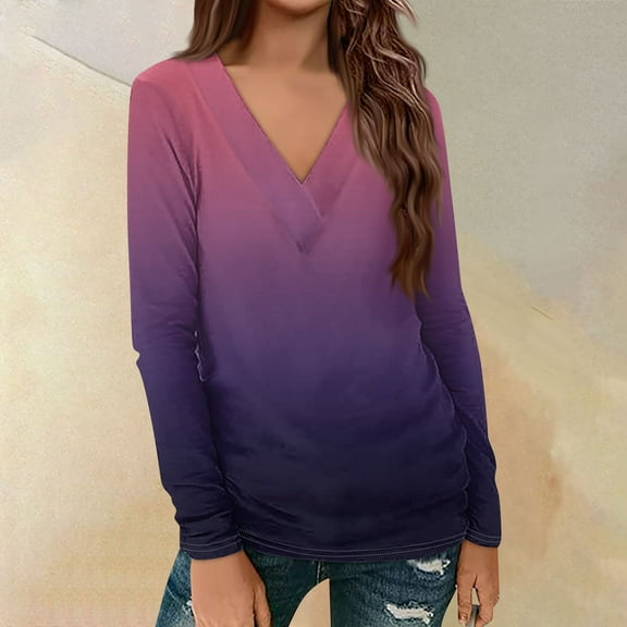 Shirts for Women Dressy Casual Women's Casual Printed Long Sleeve Loose V-Neck Pullover Top