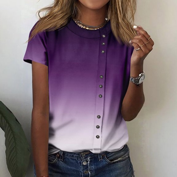 Shirts for Women Dressy Casual Women's Fashion Casual Round Neck Decorative Button Prints Short Sleeved T-shirt Top