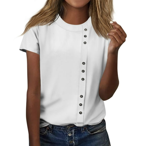 Shirts for Women Dressy Casual Women's Fashion Casual Round Neck Decorative Button Solid Color Short Sleeved T-shirt Top