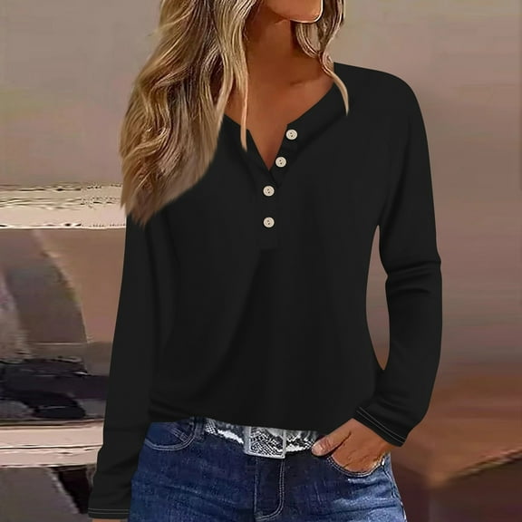 Shirts for Women Dressy Casual Women's Fashion Solid Colour Printed V-Neck Long Sleeve Button Down T-Shirt Top