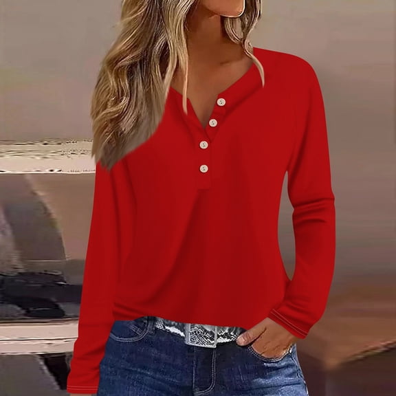 Shirts for Women Dressy Casual Women's Fashion Solid Colour Printed V-Neck Long Sleeve Button Down T-Shirt Top