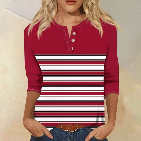 Shirts for Women Dressy Casual Women's Fashion T-Shirt Casual Printing V-Neck Button Up Shoulder Sleeves Seven Quarter Sleeve Top