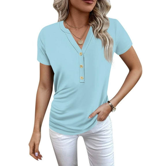 Shirts for Women Dressy Casual Women's New Button V Neck Fashion Printed Short Sleeve Printed T Shirt Tops