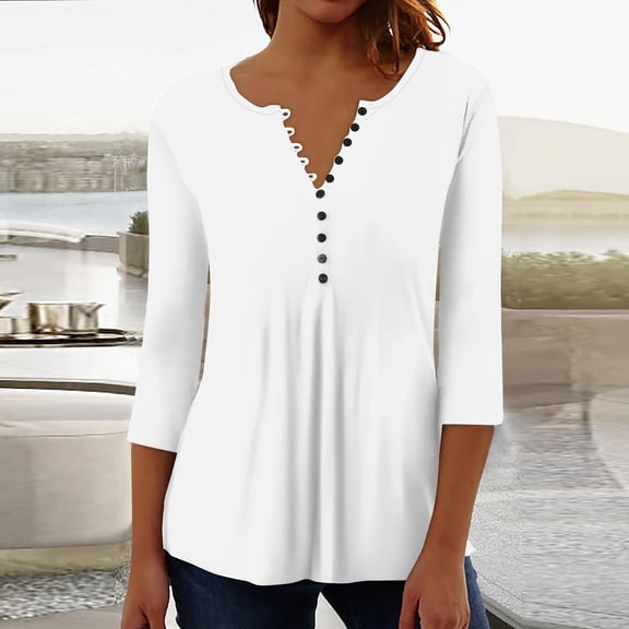 Shirts for Women Dressy Casual Women's Top Loose Button Seven-quarter Sleeve T-shirt