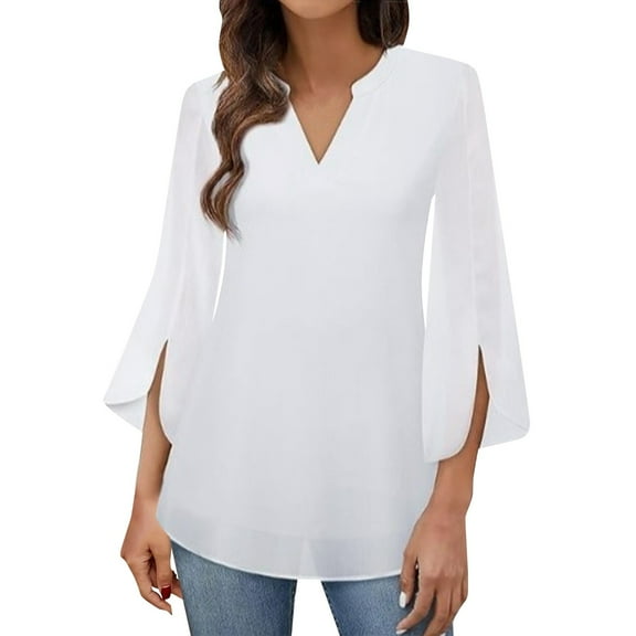 Shirts for Women Dressy Women's Short-Sleeved Elegant Casual Solid Color V-Neck Chiffon Shirt