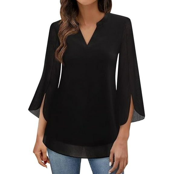 Shirts for Women Dressy Women's Short-Sleeved Elegant Casual Solid Color V-Neck Chiffon Shirt
