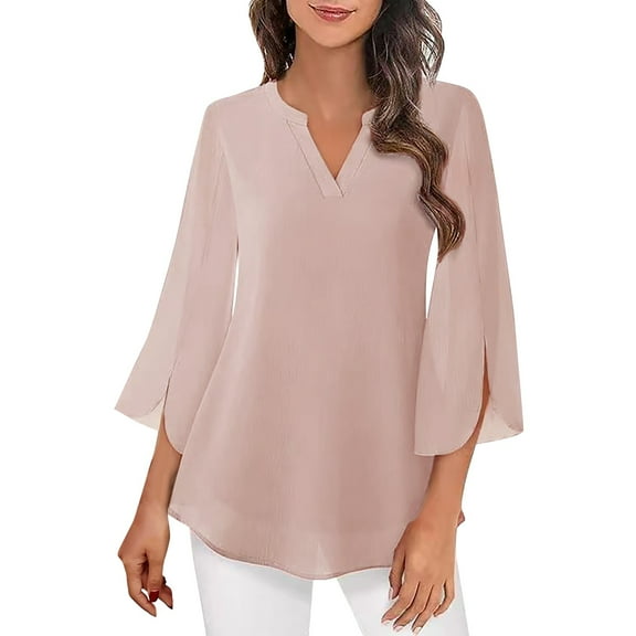 Shirts for Women Dressy Women's Short-Sleeved Elegant Casual Solid Color V-Neck Chiffon Shirt