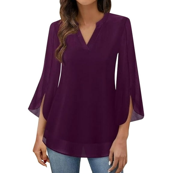 Shirts for Women Dressy Women's Short-Sleeved Elegant Casual Solid Color V-Neck Chiffon Shirt