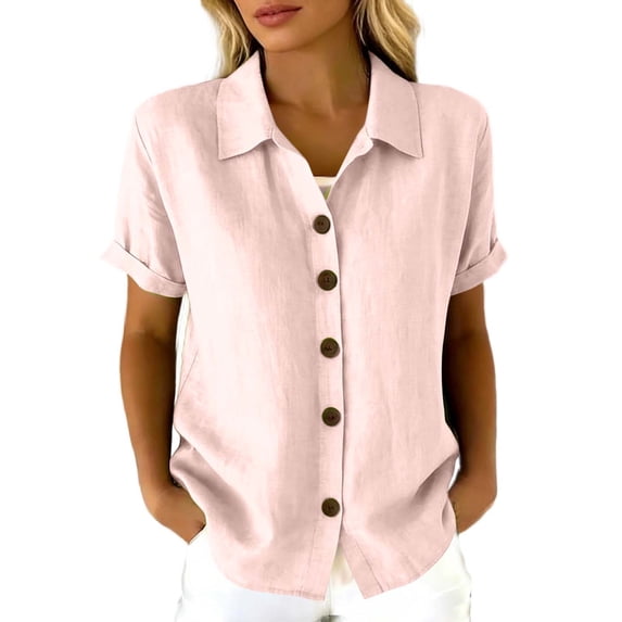Shirts for Women Elegant Solid Color Short Sleeve Button Down Lapel Shirt Casual Lightweight Top With Clean Tagless Design Pink M