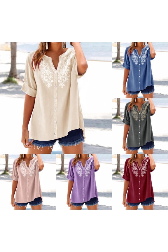 Shirts for Women Embroidered Blouses Lapel Collar Elbow Sleeve Solid Loose Lightweight Tops for Summer Casual Smart Shirt