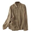 thumbnail image 1 of Shirts for Women Embroidered Floral Printed Turndown Collar Solid Color Long Sleeve Shirts with Pocket Khaki L, 1 of 6