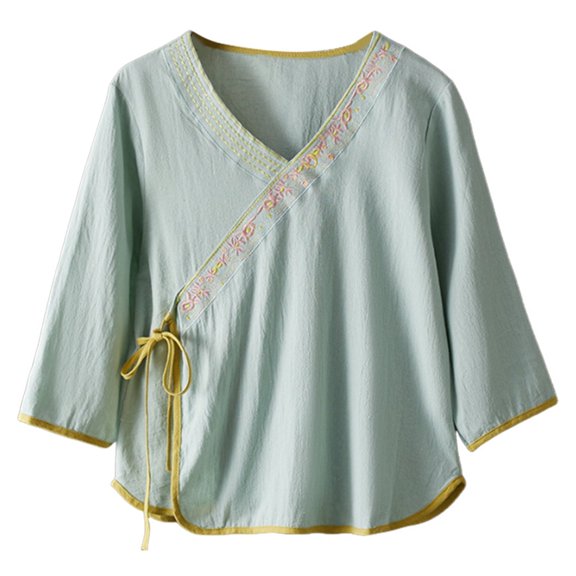 Shirts for Women Ethnic Embroidered V Neck 3/4 Sleeve Casual Loose Blouse Womens Shirts Dressy Casual Green L/3